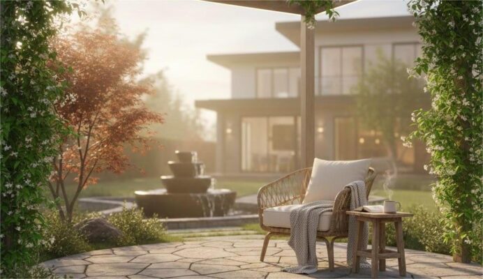 góc thư giãn ngoài trời bên đài phun nước và giàn hoa nắng