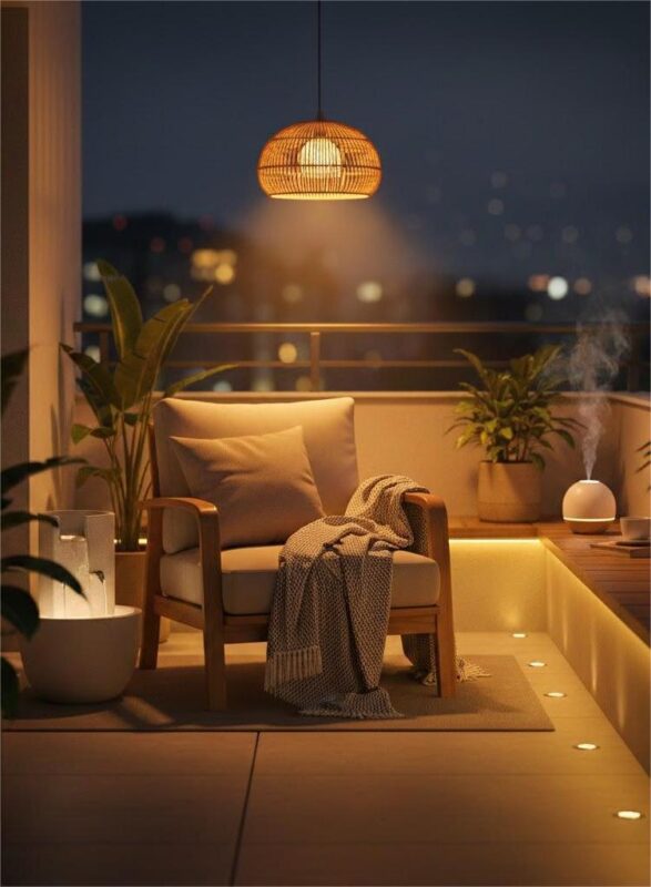 góc thư giãn ngoài trời tại ban công villa phố ấm cúng ban đêm