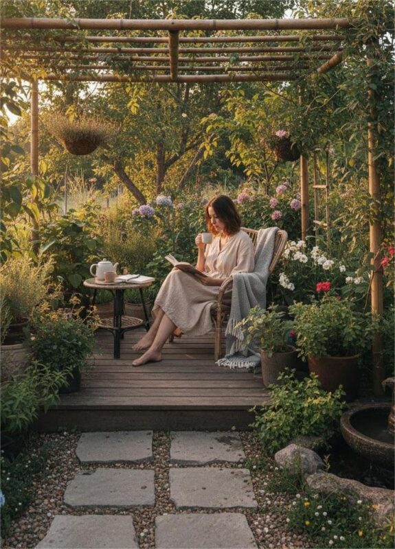 góc thư giãn ngoài trời dưới giàn pergola gỗ và vườn hoa