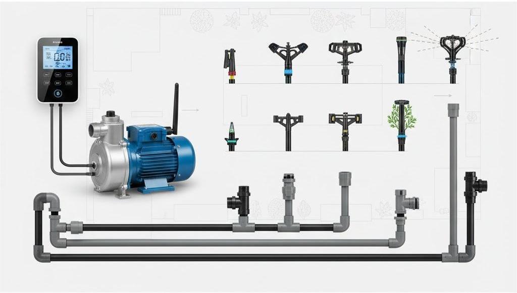 Hệ Thống Tưới Tự Động – Giải Pháp Tưới Thông Minh Cho Sân Vườn Hiện Đại 2 Hệ thống tưới tự động gồm bộ điều khiển, bơm và đầu phun thông minh
