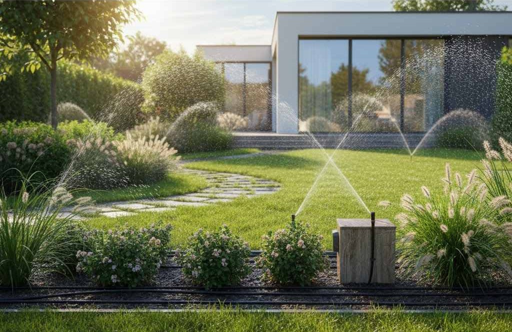 Sân vườn biệt thự với hệ thống tưới phun tự động tiết kiệm nước