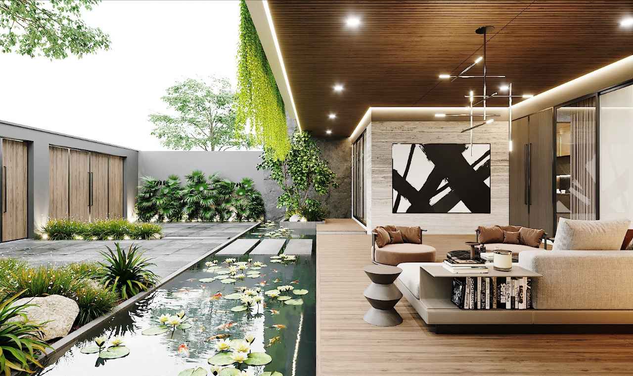 Thiết Kế Hồ Cá Sân Vườn: Linh Hồn Chuyển Động Của Không Gian Ngoài Trời 2 Hồ cá sân vườn hiện đại với mặt nước tĩnh, cá bơi, hoa súng và cây xanh tạo nên không gian thư giãn lý tưởng trong biệt thự.