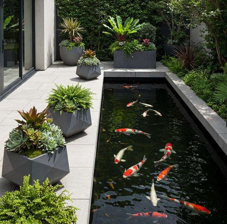 Hồ cá koi sân vườn hiện đại với lối đi lát đá và chậu cây xanh