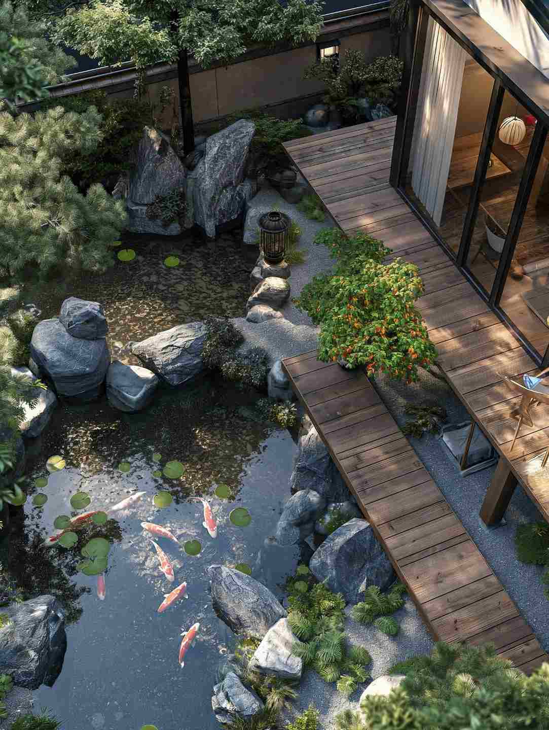 Hồ Cá Koi Sân Vườn: Bí Mật Mặt Nước Phong Thủy Đón Tài Lộc 2 Hồ cá koi sân vườn phong cách Nhật với đá tự nhiên và cây xanh