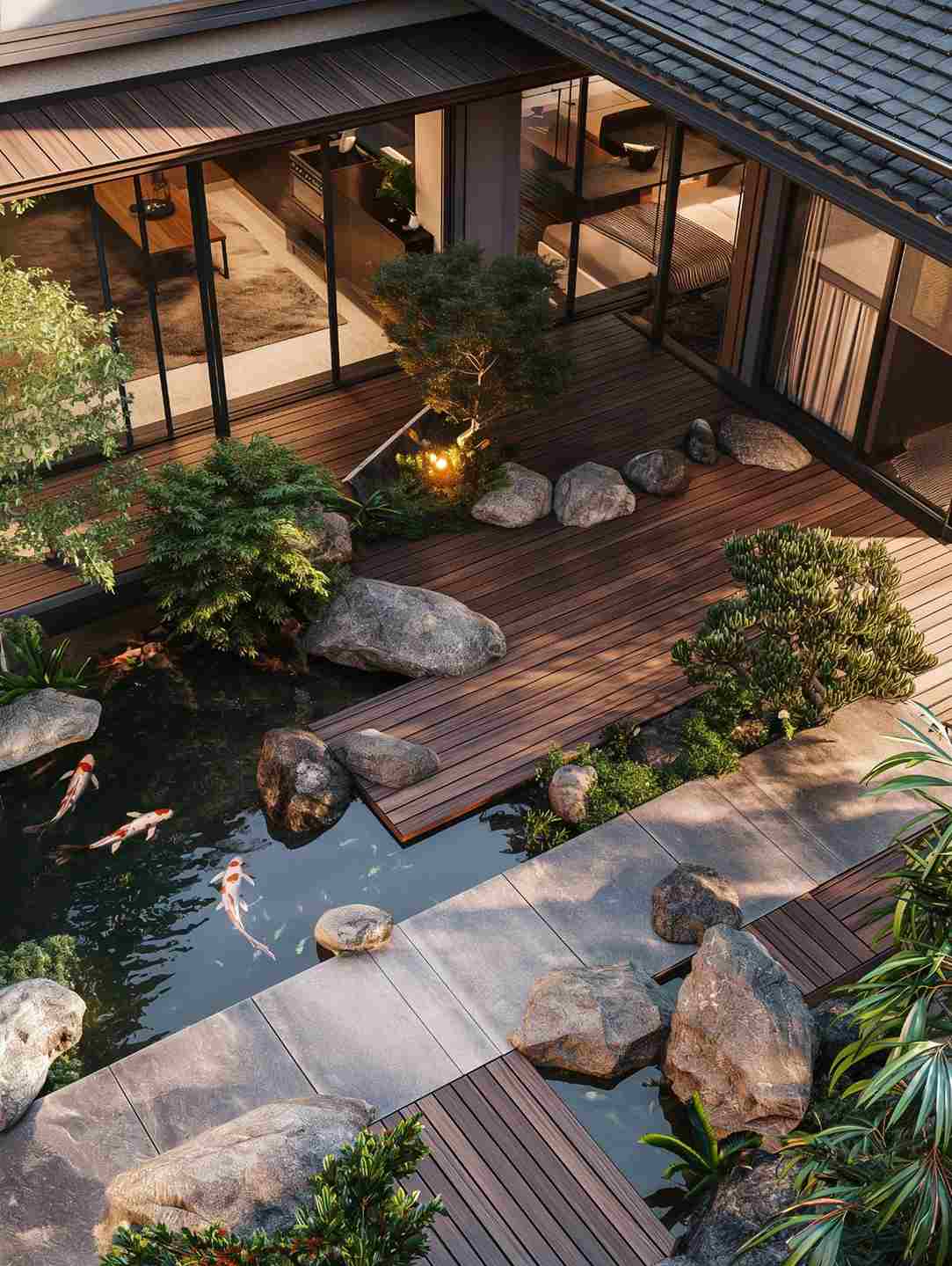 Hồ Cá Koi Sân Vườn: Bí Mật Mặt Nước Phong Thủy Đón Tài Lộc 4 Hồ cá koi sân vườn bao quanh lối đi gỗ trong khuôn viên biệt thự
