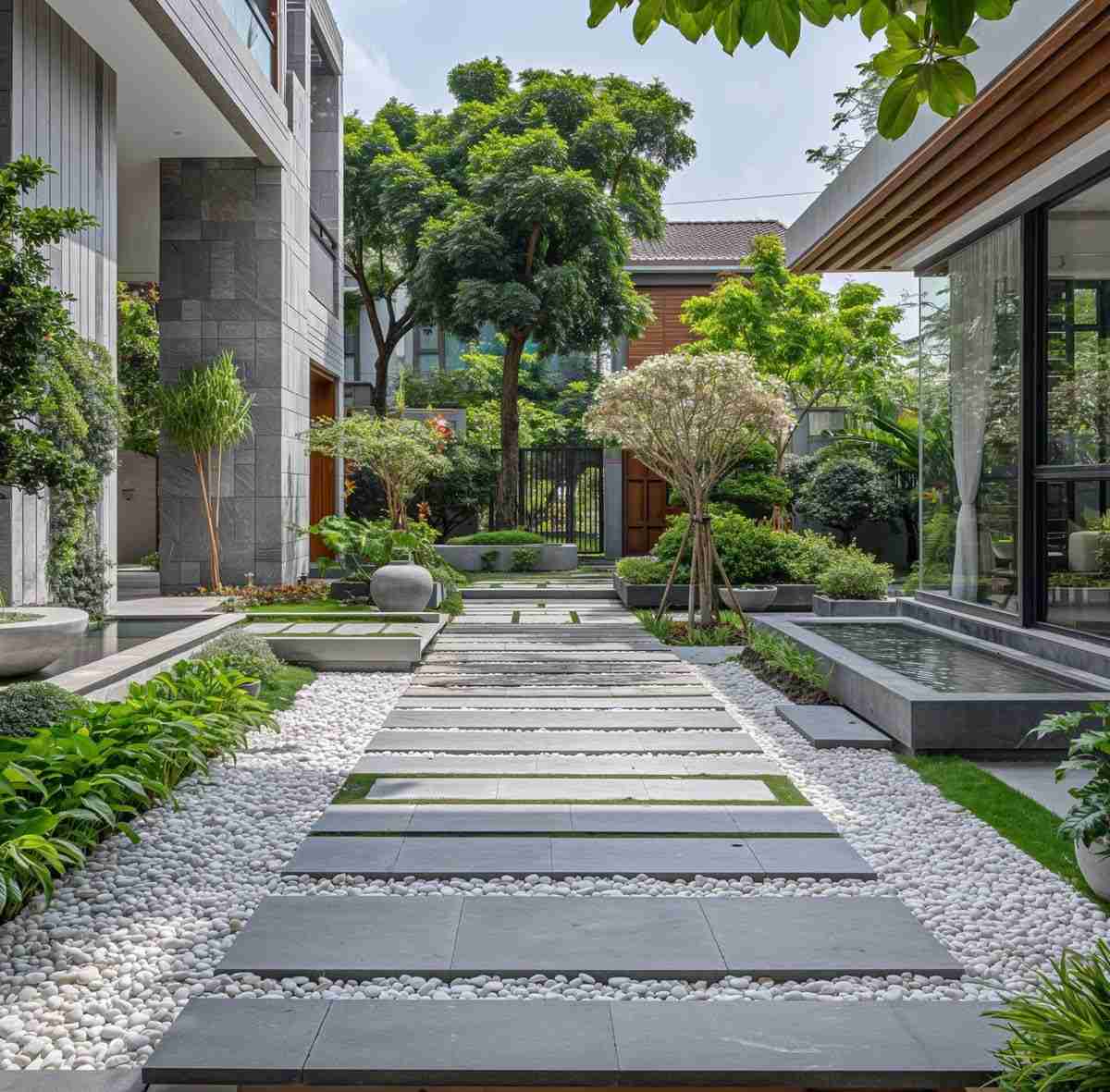 Không Gian Sống Xanh: Hành Trình Tìm Lại Sự Bình Yên 2 Lối đi sân vườn xanh kết hợp sỏi trắng và cây cảnh