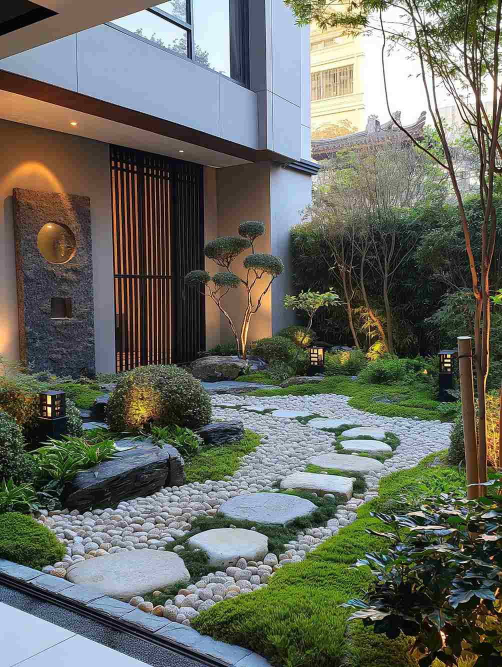Khu vườn mùa đông phong cách Nhật Bản với lối đi sỏi đá tự nhiên