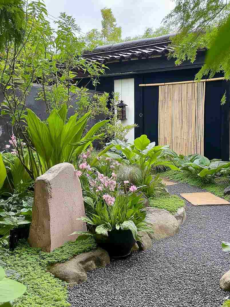 Khu Vườn Đêm Đông - Vẻ Đẹp Từ Ánh Sáng Nghệ Thuật 4 Khu vườn đêm đông xanh mát với lối đi sỏi đen và cây lá lớn mùa đông