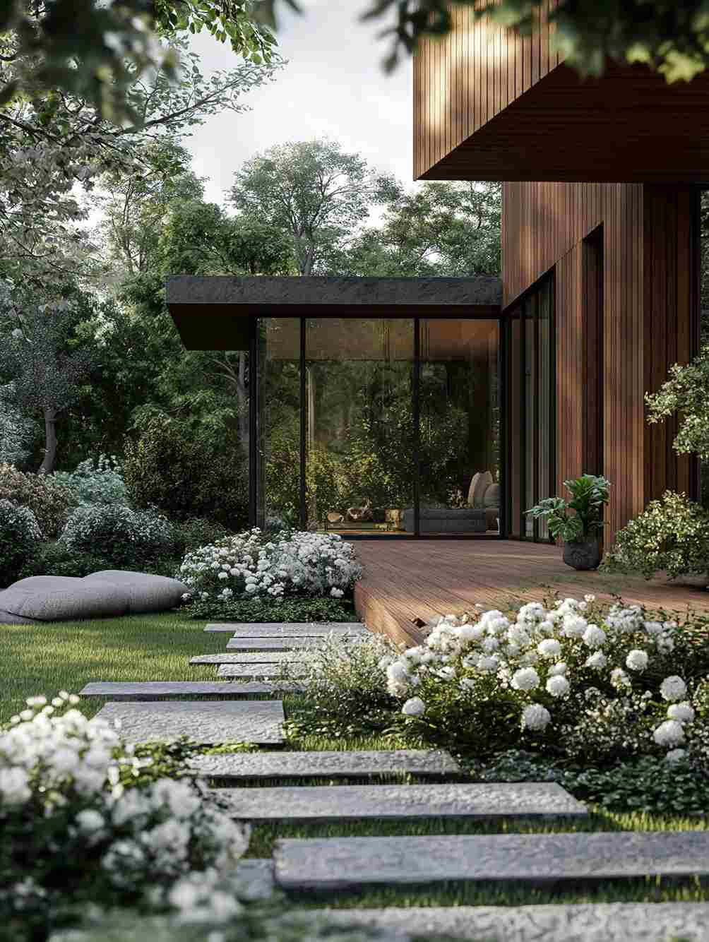 Khu Vườn Đêm Đông - Vẻ Đẹp Từ Ánh Sáng Nghệ Thuật 2 Sân vườn biệt thự mùa đông với lối đi lát đá và hoa trắng nở nhẹ