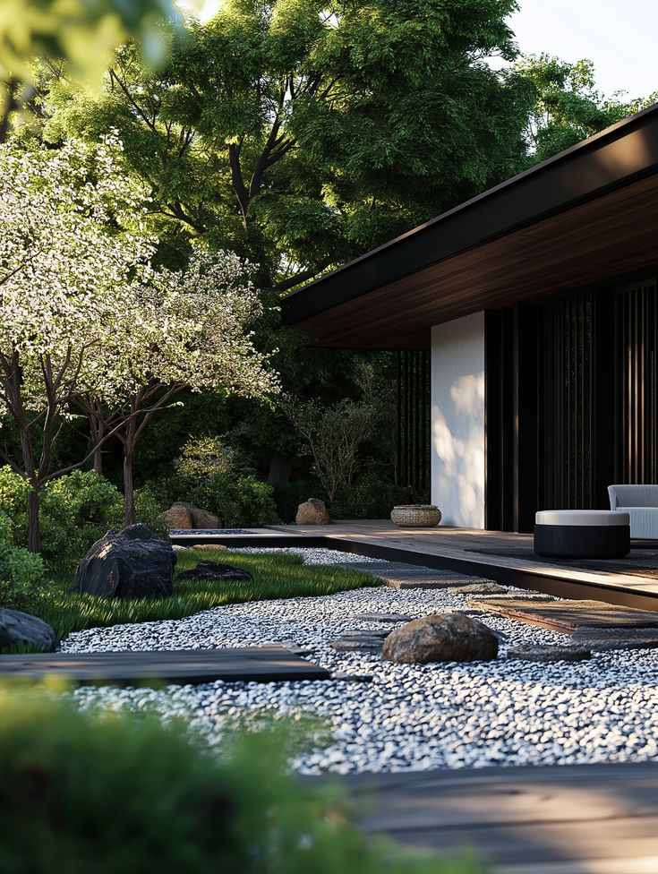 Khu Vườn Đêm Đông - Vẻ Đẹp Từ Ánh Sáng Nghệ Thuật 3 Sân vườn hiện đại mùa đông với lối đi sỏi trắng và cây tán rộng