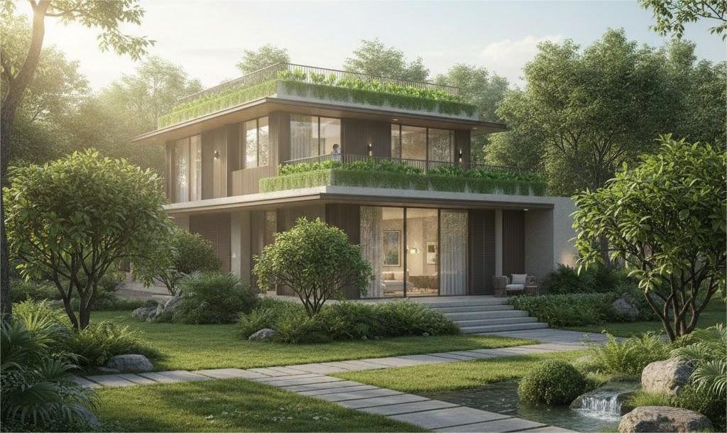 khu vườn sinh thái biệt thự với lối dạo uốn cong