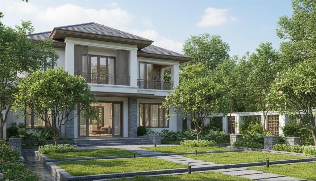 khu vườn sinh thái biệt thự kết hợp lối đi đá