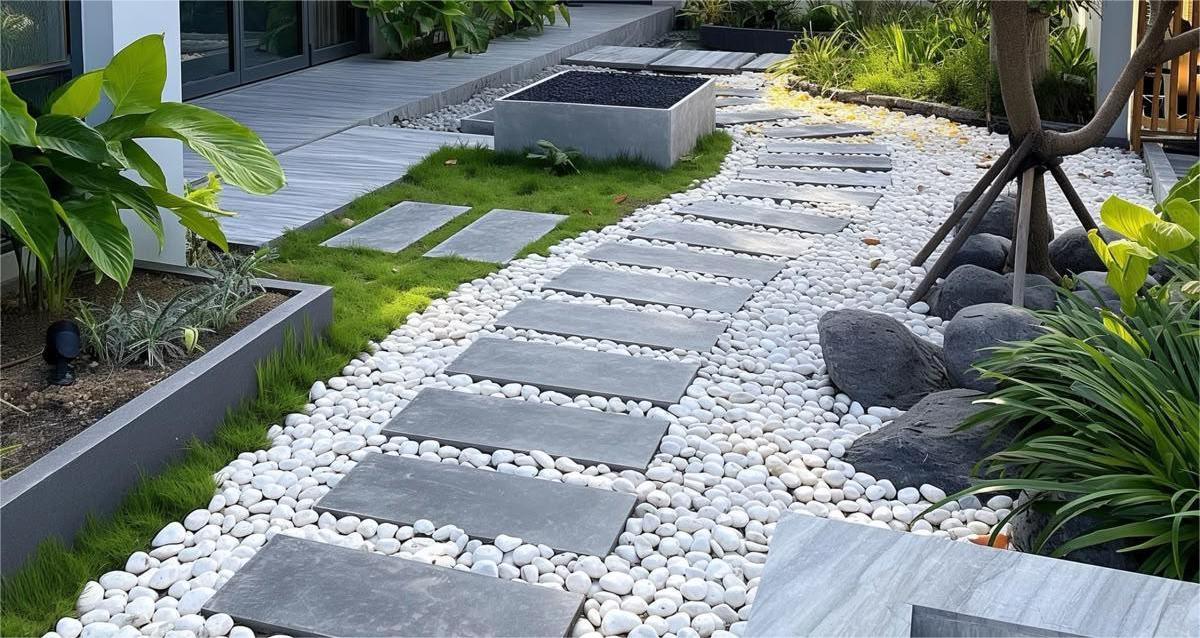 Lối đi sân vườn chống trơn lát đá kết hợp sỏi trắng