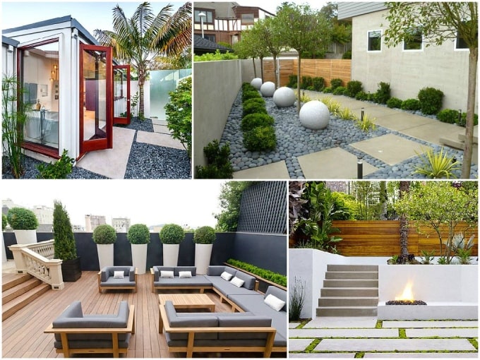 Các mẫu thiết kế cảnh quan biệt thự cao cấp phong cách hiện đại, gồm lối đi đá, khu tiếp khách ngoài trời, tiểu cảnh xanh tinh tế.