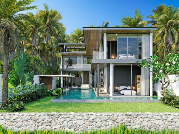 Cảnh quan villa phố hiện đại với hồ bơi, kính lớn và cây xanh nhiệt đới bao quanh.