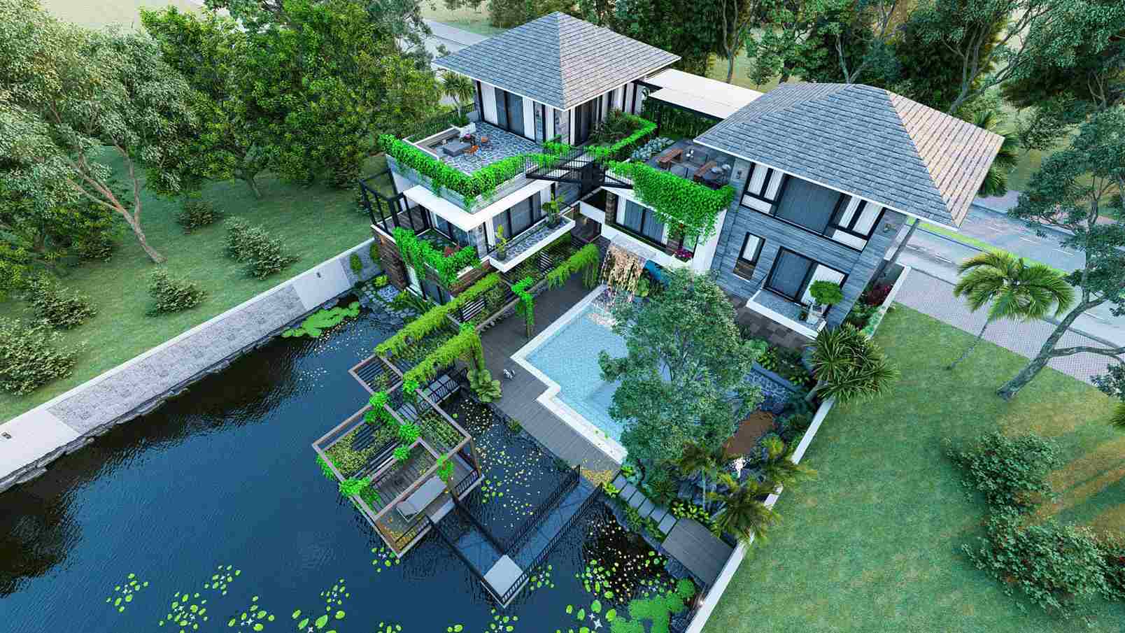 Biệt thự hiện đại với hồ cá sân vườn lớn, thác nước và hệ thống pergola phủ cây xanh tạo nên cảnh quan sinh động và mát lành.