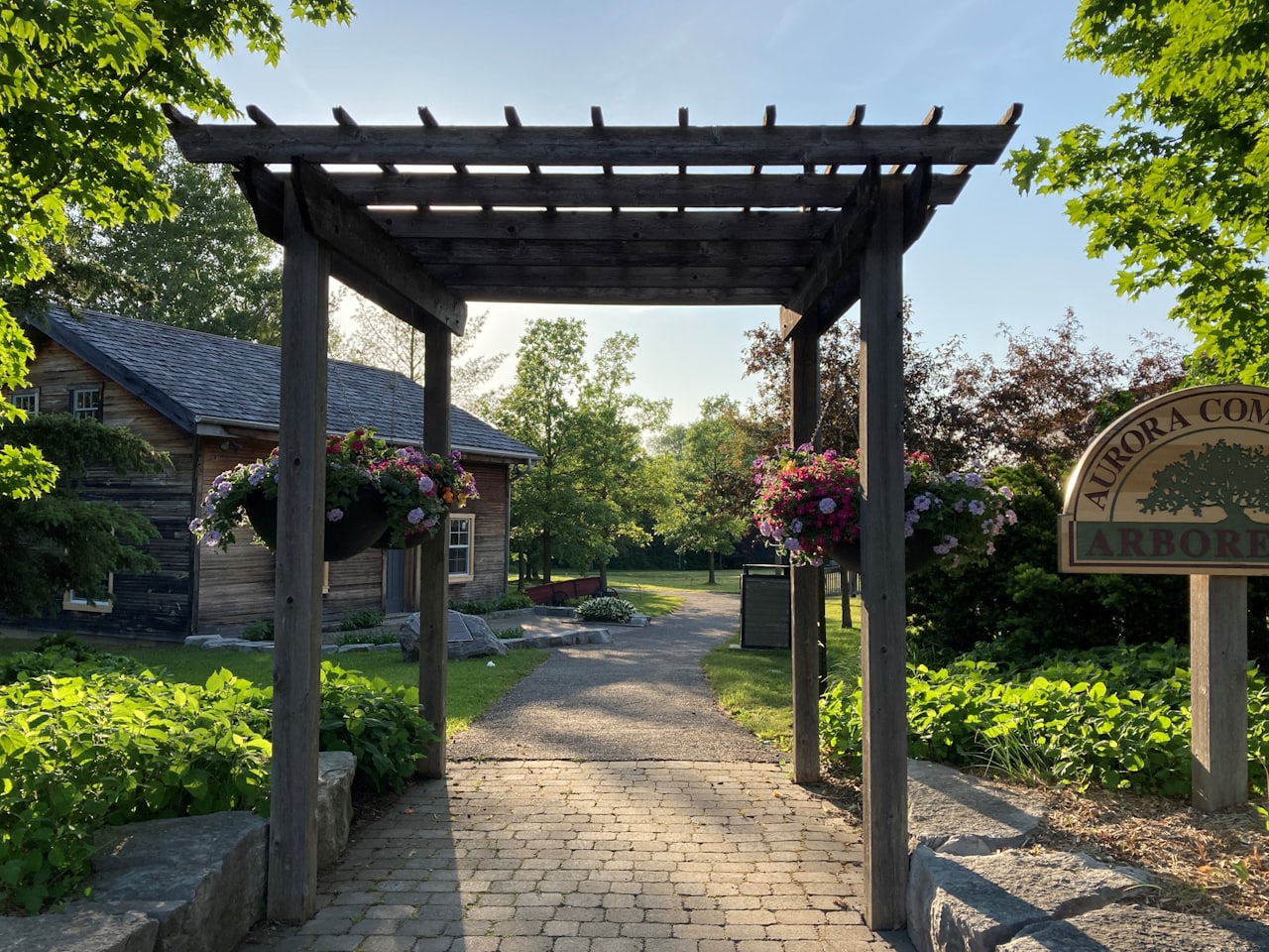 Pergola ngoài trời bằng kim loại trên lối đi vườn