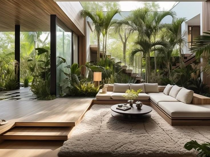Phòng khách mở ra sân vườn nhiệt đới, tràn ngập ánh sáng và cây xanh tự nhiên