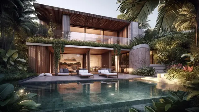 Thiết Kế Cảnh Quan Villa Phố 7x20: Giải Pháp Tối Ưu Không Gian 2 Cảnh quan villa phố phong cách Tropical Modern với hồ bơi, mảng xanh dày đặc và thiết kế mở hòa quyện thiên nhiên.