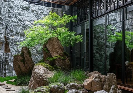Quy Trình Thiết Kế Cảnh Quan Biệt Thự: Từ Ý Tưởng Đến Thi Công 3 Tiểu cảnh đá và cây bonsai trong sân trong biệt thự theo quy trình thiết kế cảnh quan