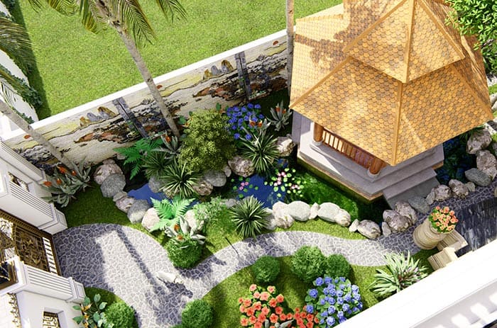 Cảnh Quan Biệt Thự Cao Cấp: 5 Nguyên Tắc Vàng Để Sân Vườn Đúng Gu, Đúng Tầm 3 Thiết kế cảnh quan biệt thự cao cấp với khu vườn phong cách châu Âu, bàn ghế ngoài trời và lối đi lát đá thanh lịch.