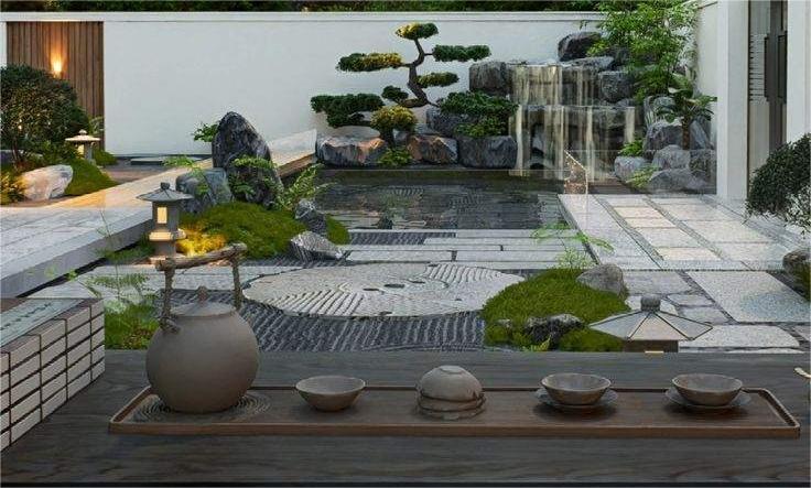 Sân vườn biệt thự Nhật Bản với hồ nước và thác đá