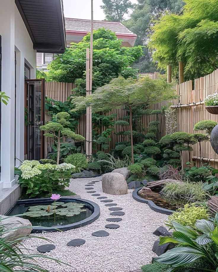 Sân vườn biệt thự với hồ sen và lối đi sỏi trắng