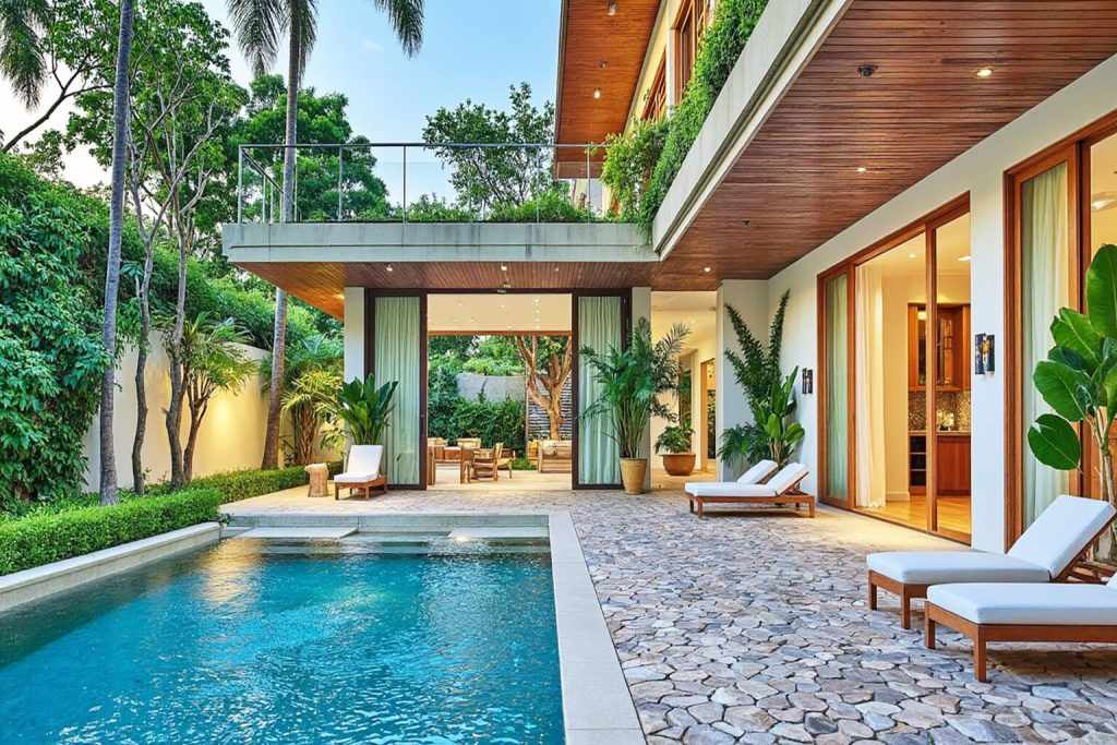 Thiết Kế Sân Vườn Biệt Thự – Tối Ưu Không Gian Sống 2 Thiết kế sân vườn biệt thự hiện đại với hồ bơi, cây xanh nhiệt đới, ghế thư giãn ngoài trời và kiến trúc mở kết nối thiên nhiên.