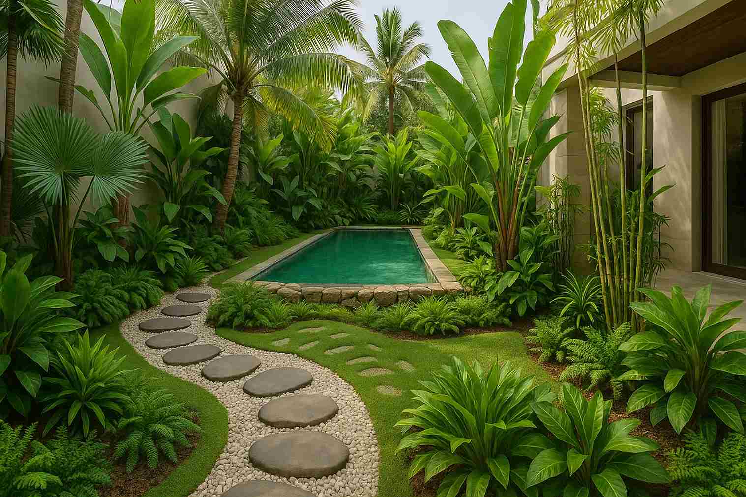 Sân Vườn Biệt Thự Tropical: Thiết Kế Không Gian Sống Như Resort 2 sân vườn biệt thự tropical với hồ bơi xanh mát