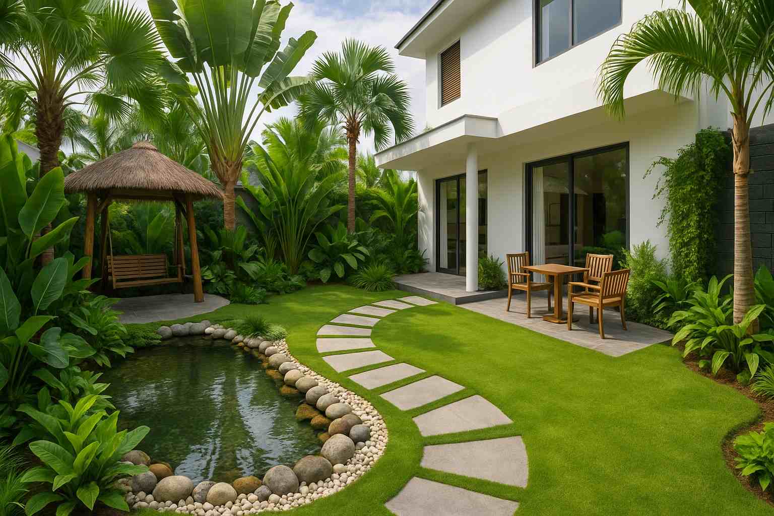 Sân Vườn Biệt Thự Tropical: Thiết Kế Không Gian Sống Như Resort 3 sân vườn biệt thự tropical có chòi nghỉ và hồ cảnh