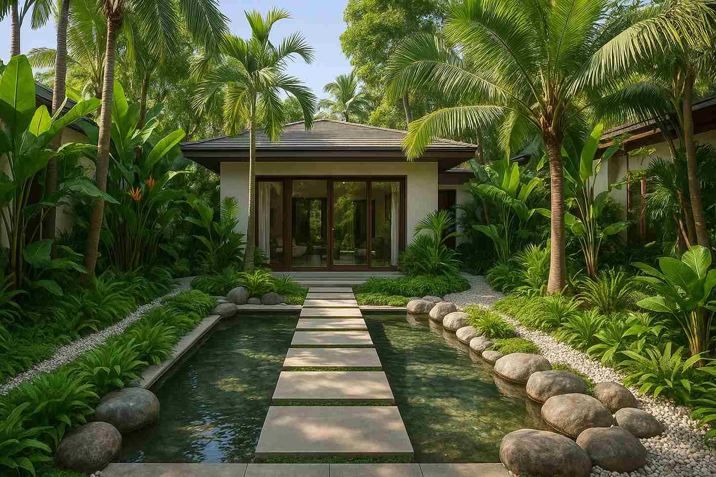 Sân Vườn Biệt Thự Tropical: Thiết Kế Không Gian Sống Như Resort 4 biệt thự phong cách tropical với lối đi lát đá qua hồ