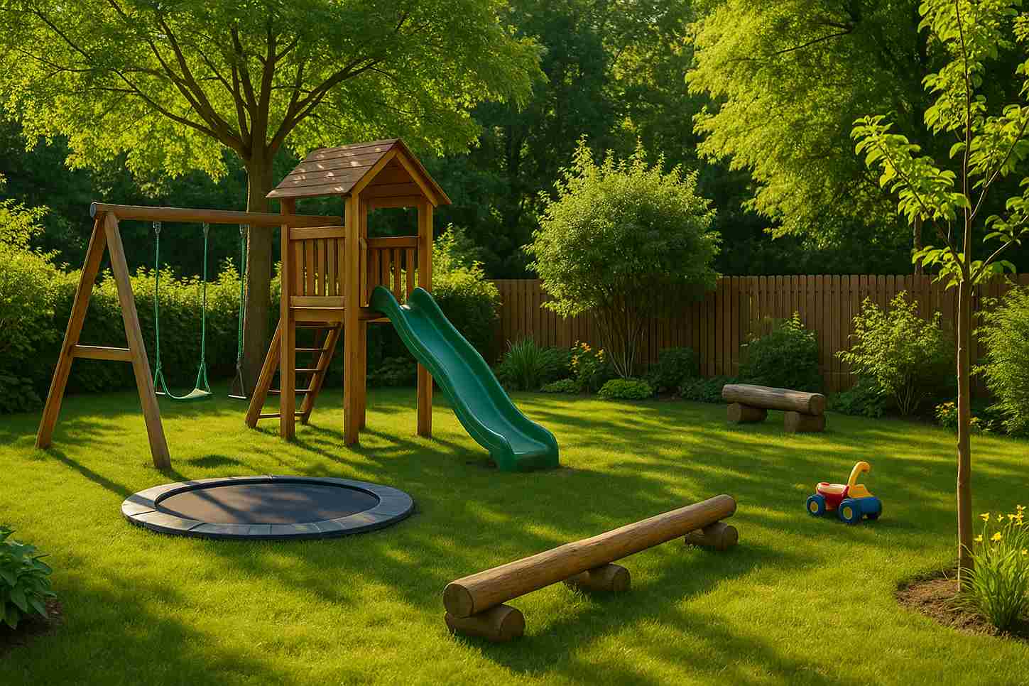 Sân vườn cho trẻ nhỏ với xích đu, cầu trượt và cây xanh an toàn