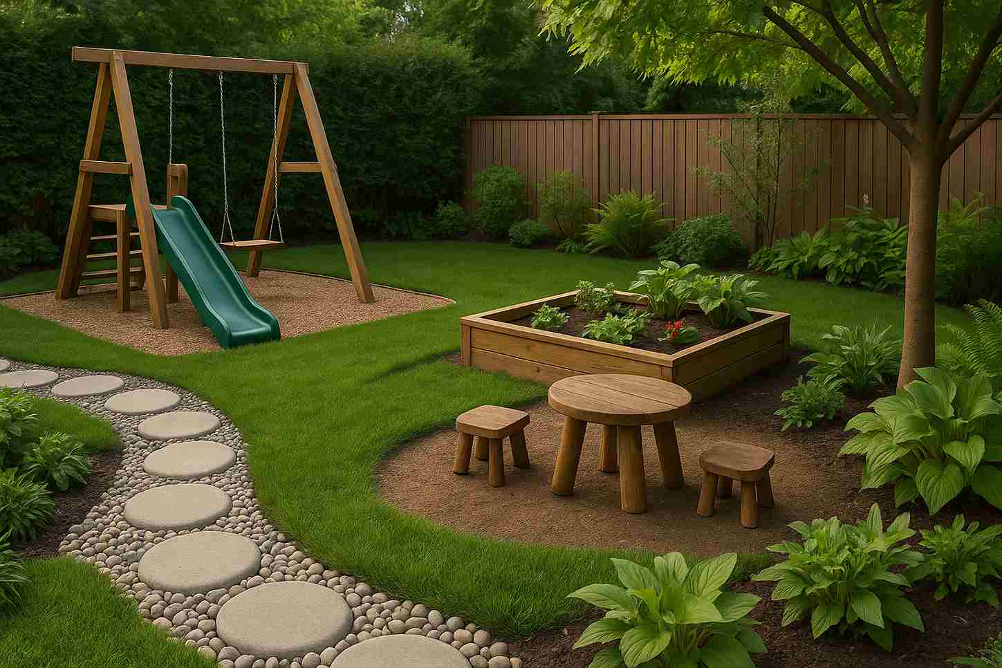 Sân vườn trẻ em có khu trồng cây và bàn gỗ nhỏ xinh