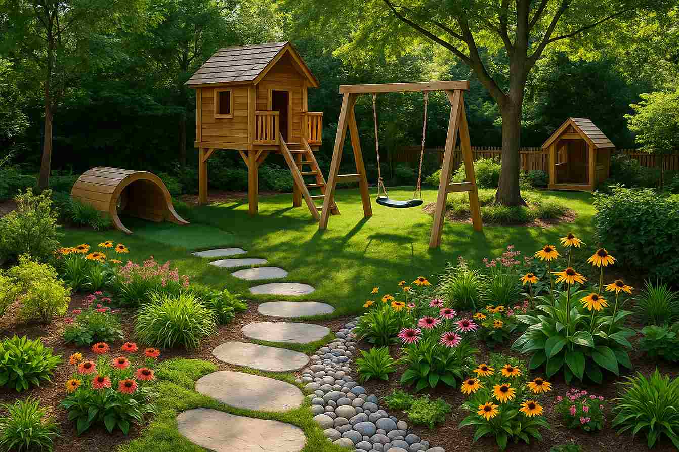 Sân vườn trẻ nhỏ với nhà cây mini và hoa rực rỡ