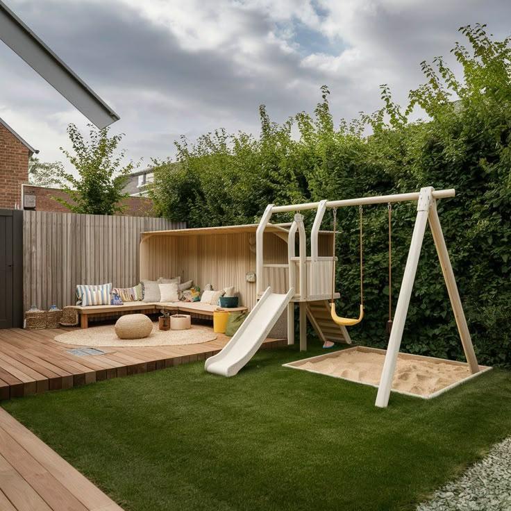 Sân vườn trẻ em hiện đại với cầu trượt và khu cát chơi an toàn