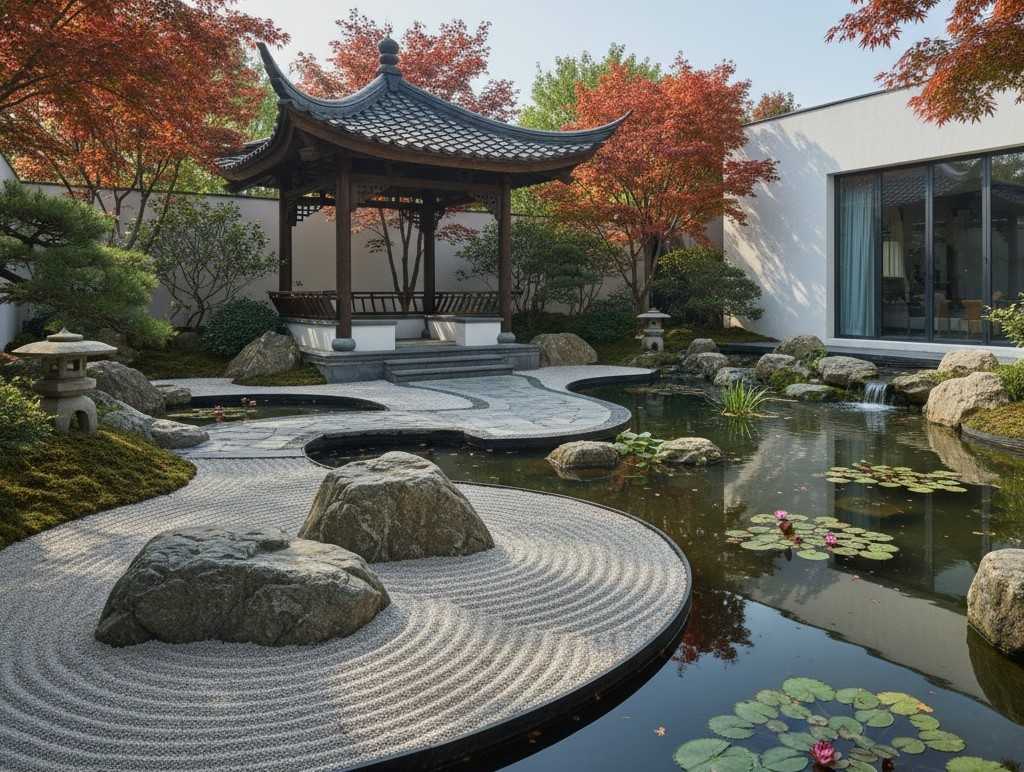 Sân vườn thiền phong cách Nhật với hồ nước và chòi nghỉ