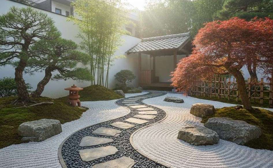 Lối đi sân vườn thiền với đá cuội và cây phong đỏ