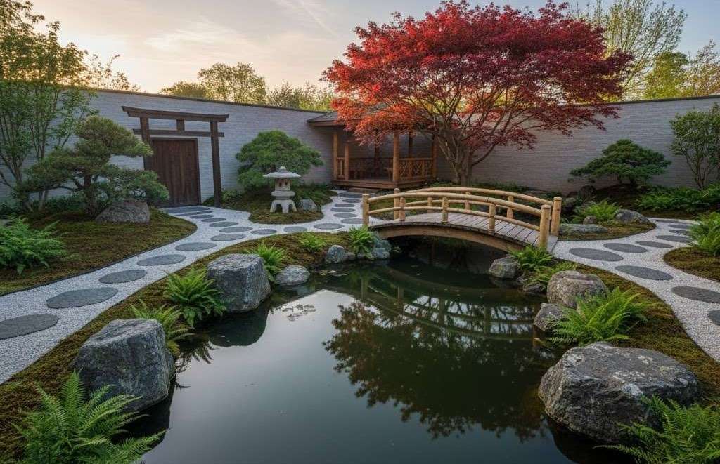 Hồ nước sân vườn thiền với cầu gỗ và cây phong đỏ