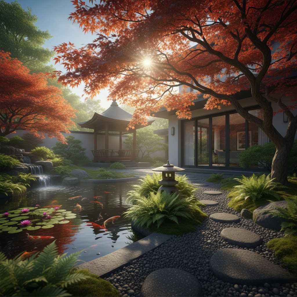 Sân vườn thiền Á Đông với hồ cá Koi và cây phong đỏ