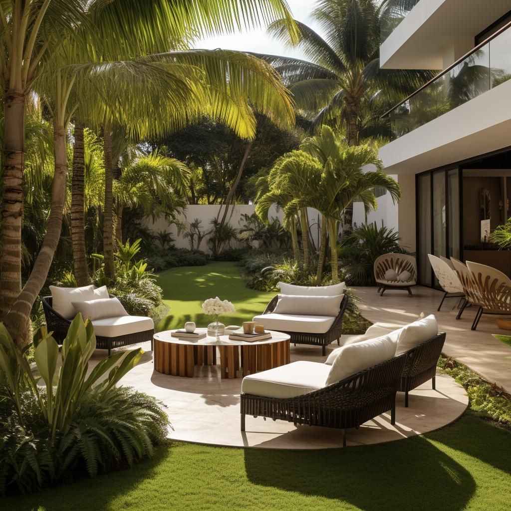 Sân Vườn Kiểu Resort – Xu Hướng Cảnh Quan Nghỉ Dưỡng Cho Biệt Thự Hiện Đại 2 Khu thư giãn sân vườn kiểu resort với ghế lounge giữa hàng dừa