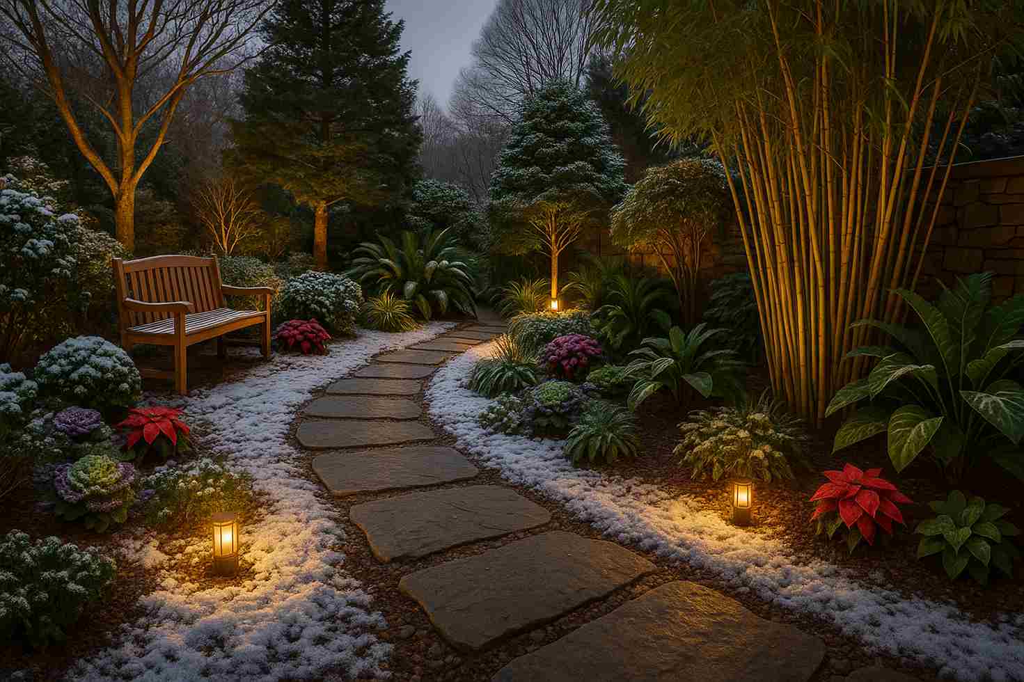 Sân vườn mùa đông với ánh sáng ấm áp và lối đi lát đá