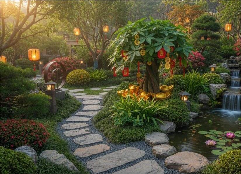 Sân vườn năm mới phong thủy với cây tài lộc và hồ nước nhỏ