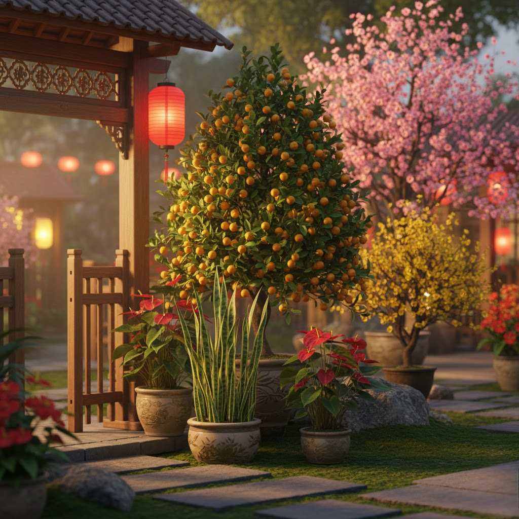 Sân vườn Tết rực rỡ với mai đào và cây quất phong thủy