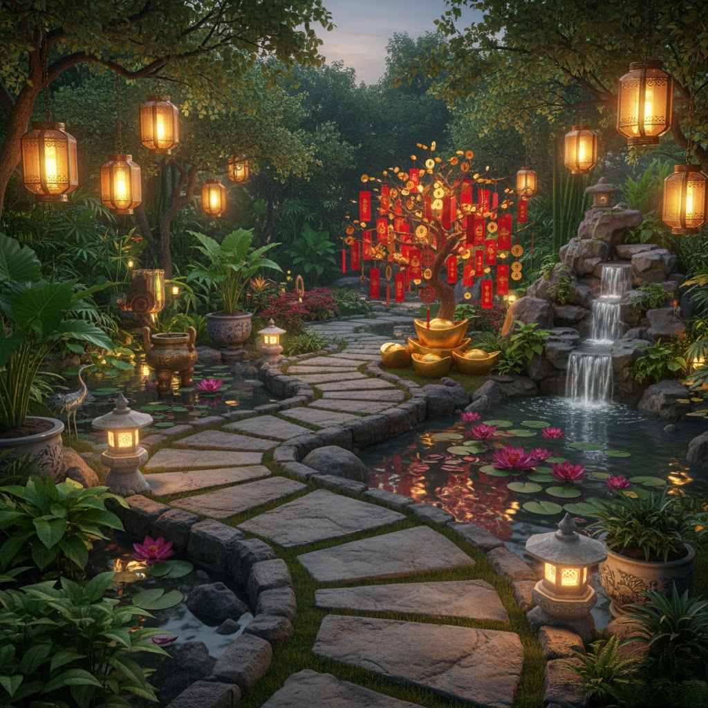 Cây tài lộc phong thủy trong sân vườn Tết với đèn lồng vàng