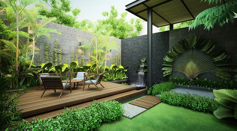 Thiết kế cảnh quan sân vườn nhỏ với sàn gỗ, tiểu cảnh nước và cây nhiệt đới