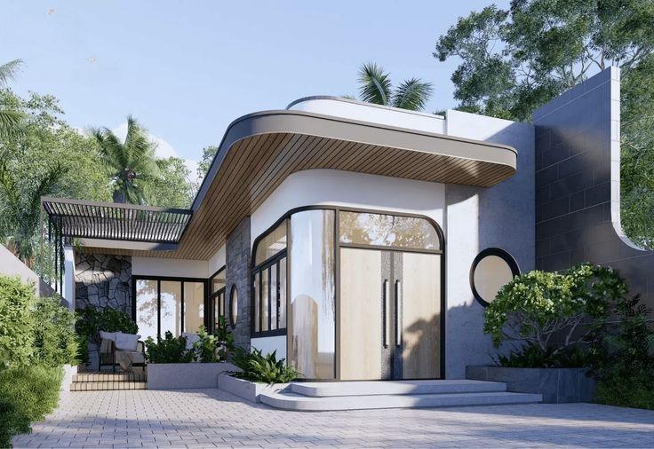 Thiết kế cảnh quan sân vườn nhỏ với cây xanh, ghế treo và đá lát hiện đại