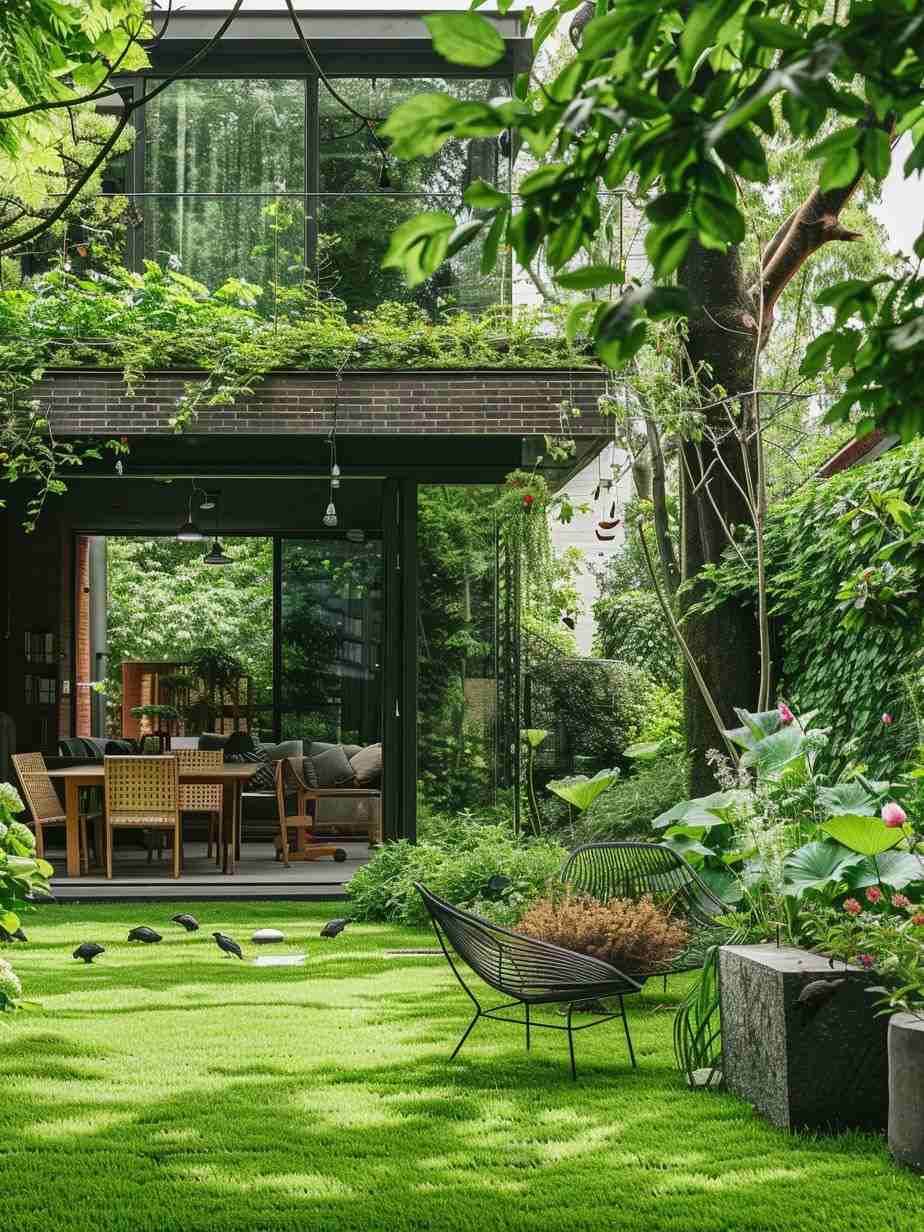 Sân vườn Tropical mùa đông với thảm cỏ xanh mướt