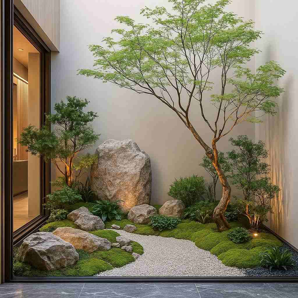 Sân vườn Tropical mùa đông với cây xanh và đá cảnh tự nhiên