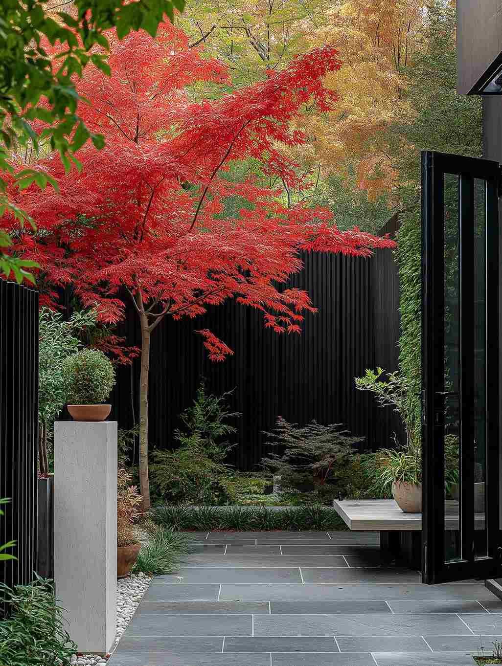 Sân vườn Tropical mùa đông nổi bật với cây phong đỏ