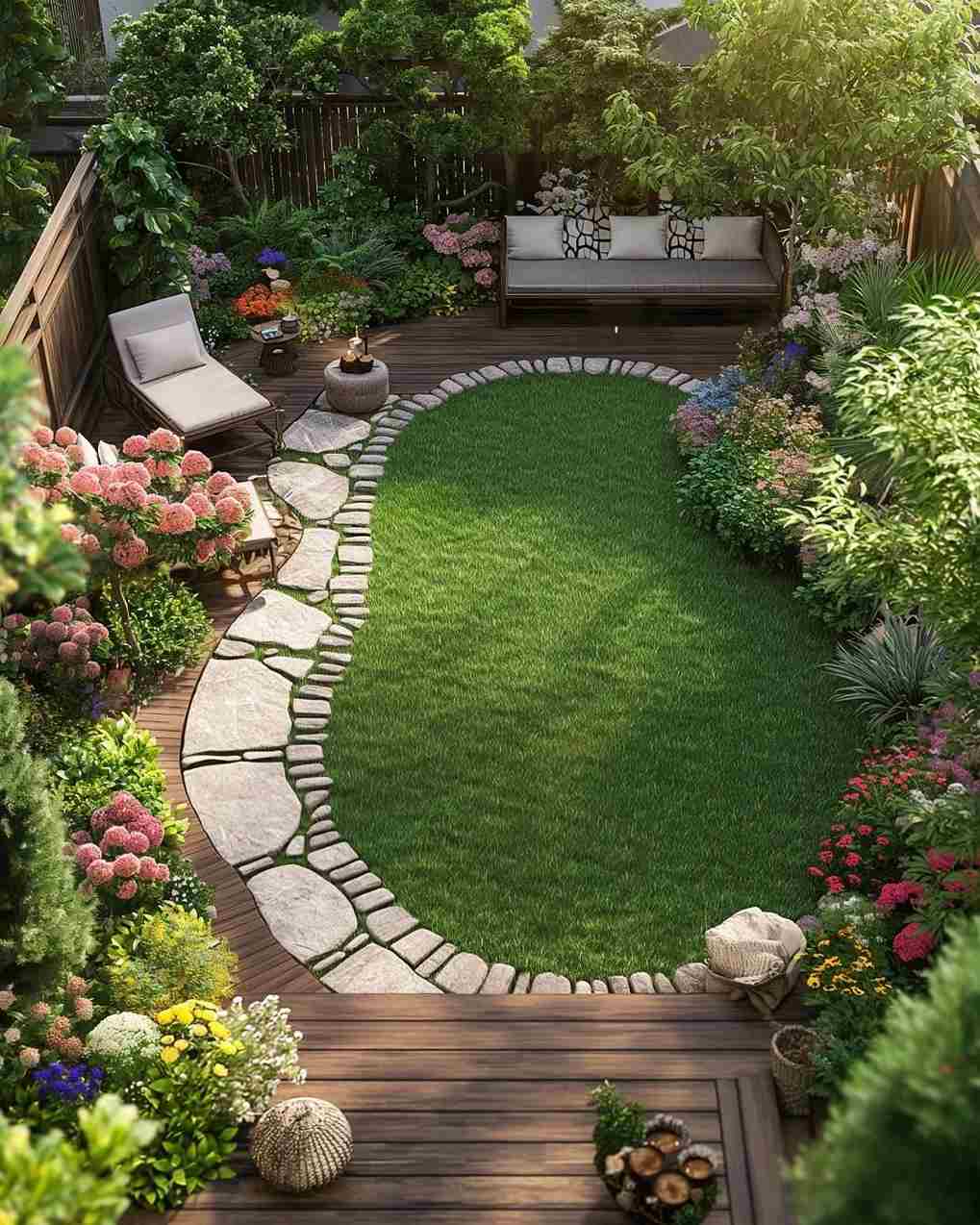 Sân vườn xanh mát bao quanh bởi nhiều cây hoa